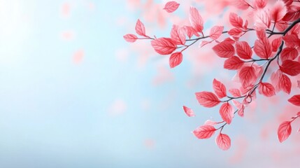 Fototapeta premium Delicate pink leaves gently sway against a soft blue background, creating a serene and tranquil atmosphere