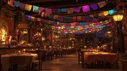 Obraz premium Festive Mexican Restaurant Night Interior