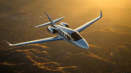 Obraz premium Breathtaking Aerial View: Sleek and Luxurious White Private Jet Soars Gracefully Through Clear, Sunny Sky, Casting a Radiant Glow as Sun Begins to Set, Creating a Stunning Contrast.