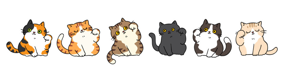 Vector Illustration of Cute Cartoon Cat Characters on Isolated Background. Hand Drawn Vector Illustration. 