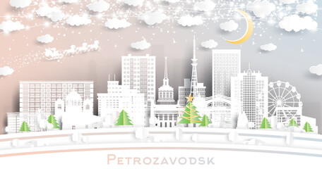Fototapeta premium Petrozavodsk Russia. Winter city skyline in paper cut style with snowflakes, moon and neon garland. Christmas and new year concept. Santa Claus on sleigh. Petrozavodsk cityscape with landmarks.