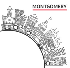 Fototapeta premium Outline Montgomery Alabama City Skyline with Modern Buildings and copy space Isolated on White. Montgomery USA Cityscape with Landmarks.