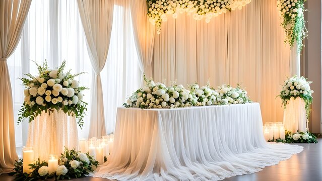 Elegant wedding sweetheart table decorated with lush white flowers, sheer fabric, and candlelight.