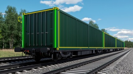 Obraz premium A green cargo train with shipping containers, parked on the railway tracks under a clear blue sky.