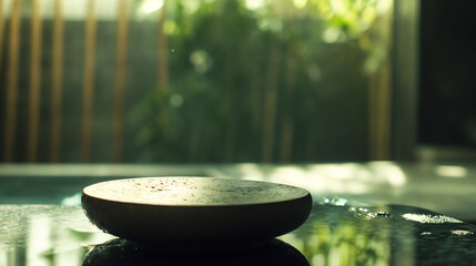 Obraz premium Black stone bowl with water reflection in garden. Zen meditation and wellness concept