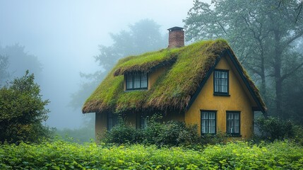 Misty Meadow House: A Serene Green-Roofed Cottage Nestled in a Foggy Forest