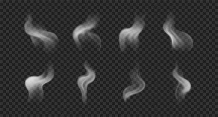 Vector realistic white wavy smoke, steam, haze. Swirl, soft fog or vapor isolated on transparent background