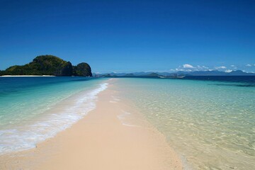 Obraz premium Serene tropical beach with clear turquoise waters and a sandy path leading to lush islands in the distance