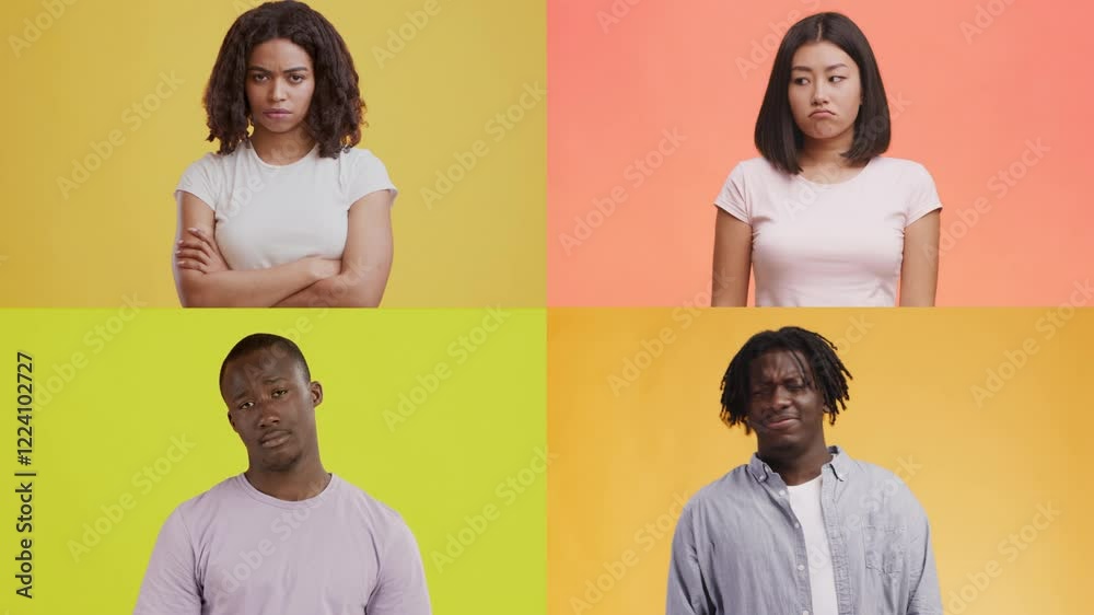 Poster four individuals from diverse backgrounds portray distinct emotions against vibrant backgrounds. eac