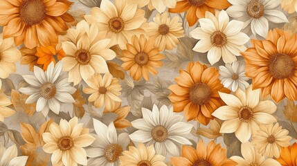 Beautiful Floral Pattern with Sunflowers and Daisies in Soft Tones