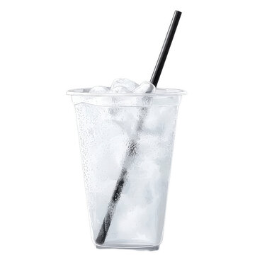 A plastic cup filled with ice and water with a straw in it