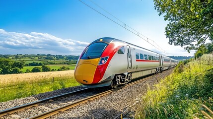 Fototapeta premium Wide-Angle View of a Sunny Day: Ultra-Fast Modern Train Speeds Through Picturesque Countryside, Symbolizing Progress and Efficiency with Its Sleek Design and Powerful Engine.