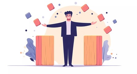 Illustration of a cheerful businessman balancing tasks with cubes floating around, representing multitasking, productivity, and management concepts