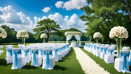 Outdoor wedding ceremony setup with white chairs and light blue sashes, a white floral arch, and a petal-strewn aisle.
