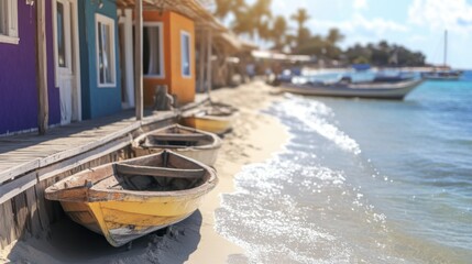 Obraz premium Colorful Wooden Boats on Sandy Beach Near Vibrant Coastal Houses in Bright Sunlight