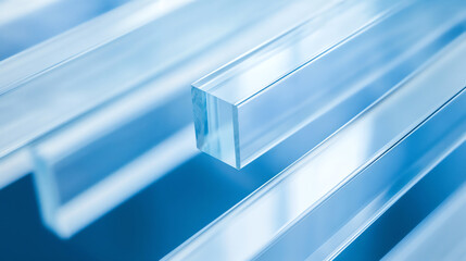 Clear glass strips and blocks with blue reflection. Abstract architectural design and modern building materials