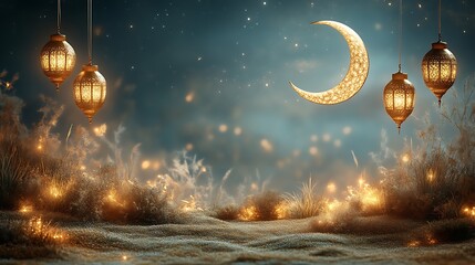 Golden Lanterns Illuminate Night Scene With Crescent Moon