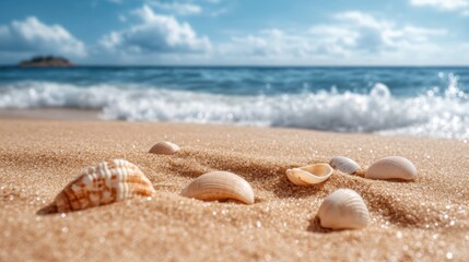 Obraz premium Seashells Gathered on Sandy Beach with Gentle Waves and Blue Sky in the Background
