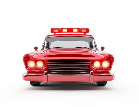 Red vintage emergency car, front view.