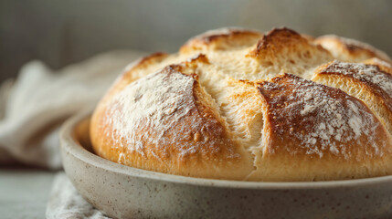 Fototapeta premium Freshly baked sourdough bread on ceramic plate. Artisanal baking and homemade food photography