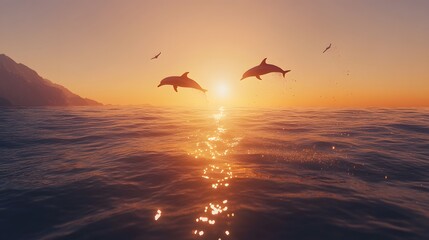 Dramatic sunset over ocean, silhouetted mountains in background, tranquil waters reflecting warm hues, ideal for relaxation themes.