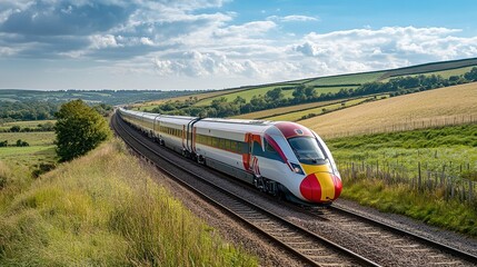 Fototapeta premium Wide-Angle View of a Sunny Day: Ultra-Fast Modern Train Speeds Through Picturesque Countryside, Symbolizing Progress and Efficiency with Its Sleek Design and Powerful Engine.