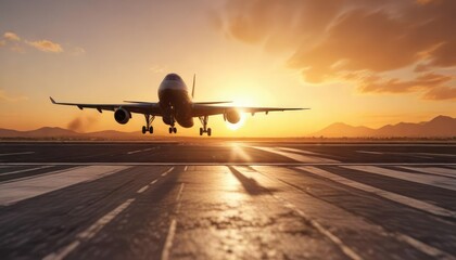 Fototapeta premium airplane taking off from a runway with a bright orange sun behind it, sky, departure, runway