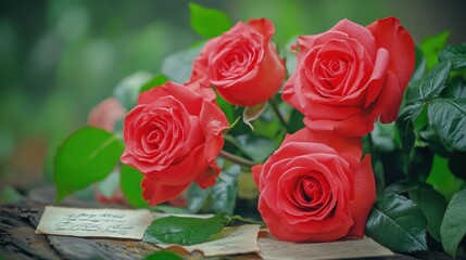 Beautiful Fresh Red Roses with Green Leaves and Vintage Note on Wooden Table