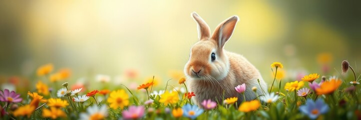 Obraz premium An adorable bunny sitting in a lush green meadow surrounded by colorful spring flowers, wildlife, colorful, cute