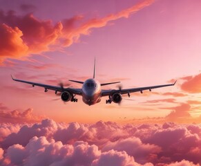 An airplane flying in formation against a breathtaking pink and orange sunset , , red orange hues