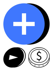 Obraz premium Circular blue plus icon, black play button, and dollar coin highlighting growth, action, and money. Ideal for business, finance, savings, investments startups progress abstract line flat metaphor