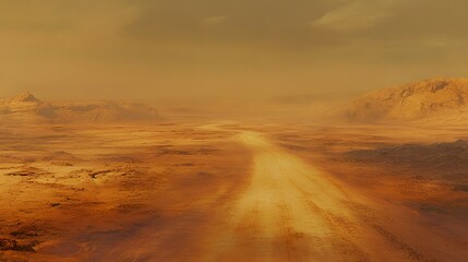 Naklejka premium Sunset over desert landscape, warm tones illuminating vast terrain, highlighting tranquility and solitude, open space for text