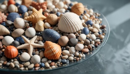 Obraz premium An artistic arrangement of seashells and pebbles on a glass table , pebbles, interior