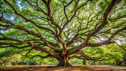 A sprawling tree with a massive canopy overhead, its branches stretching out in all directions like a celestial map, leafy greens, forest landscape, tree silhouette