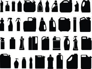 Plastic Bottles and Cans icon in flat set. Plastic Water Bottle symbols collection Cleaning and Hygiene detergent for laundry Products isolated on transparent background. vector for apps or web