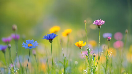 Fototapeta premium Colorful wildflowers in sunny meadow. Natural garden and biodiversity concept
