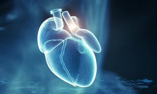 Glowing Blue 3D Render of Human Heart Against Dark Background