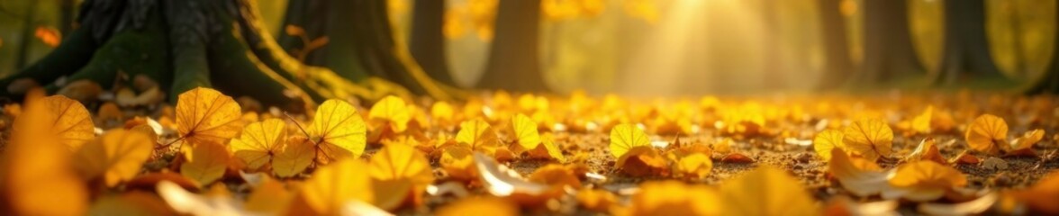 Soft yellow ginkgo leaves scattered on the forest floor, sparkle, autumn, golden
