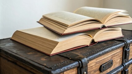 Fototapeta premium A stack of two open soft cover books with leather-bound edges on a vintage wooden chest, rustic charm, book lover, book collection