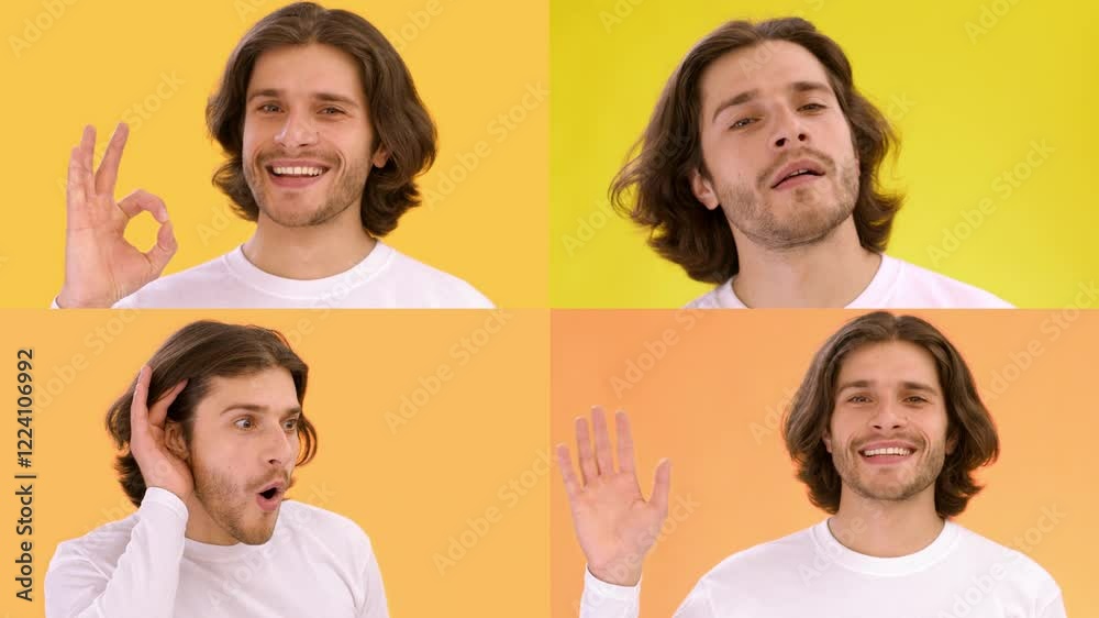Poster man displays a variety of emotions through distinct gestures in a colorful collage. each section cap