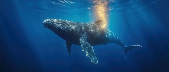 Fototapeta premium Underwater Majesty: A majestic humpback whale gracefully navigates the depths, bathed in a beam of sunlight, revealing the sheer beauty of marine life.