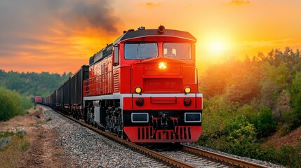 Fototapeta premium A vibrant red train travels along the railway at sunset, surrounded by lush greenery and a picturesque sky.