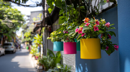 Fototapeta premium Colorful hanging flower pots adorn vibrant street, showcasing urban greenery and artistic charm. scene captures essence of city life with touch of nature beauty