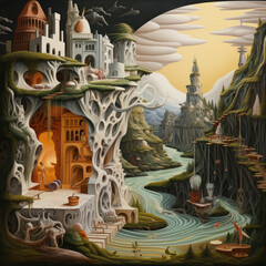 Surreal landscape with whimsical architecture and flowing river