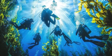 A dynamic underwater exploration featuring a group of divers swimming through a kelp forest, discovering hidden marine life and rare plants as beams of sunlight penetrate the dense greenery 