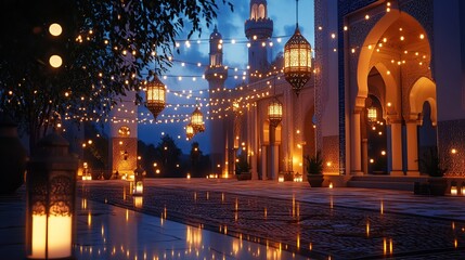 Fototapeta premium Nighttime Mosque Festival, Lanterns, Reflection, Celebration, Arabian