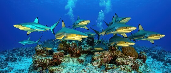 Fototapeta premium A dynamic underwater tableau of sharks circling near a rocky outcrop, their sleek bodies gliding effortlessly. The dramatic light and shadows add intensity to the marine scene 