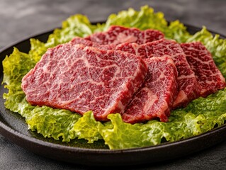 Fototapeta premium A plate of meat with lettuce on top