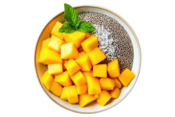 Mango chia pudding bowl with shredded coconut and fresh mint leaves isolated on white or transparent, PNG