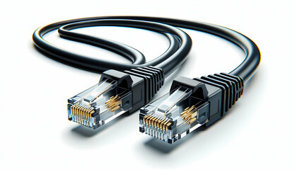 Gadget Two black Ethernet cables lying side by side, connectors angled to highlight the transparent ends an2